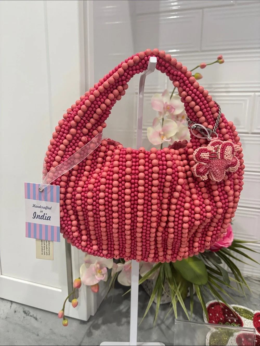 Viral hand beaded bag Handcrafted Pink Bag with Floral Charm - Picture 1 of 12